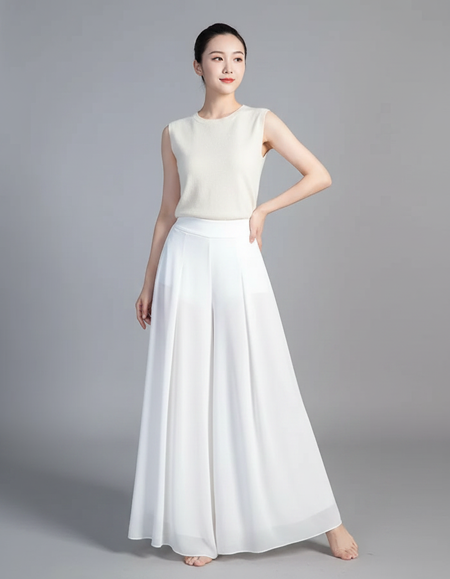 Pantalon Chinois Blanc Fluide Ample Chiffon Femme - Polyester