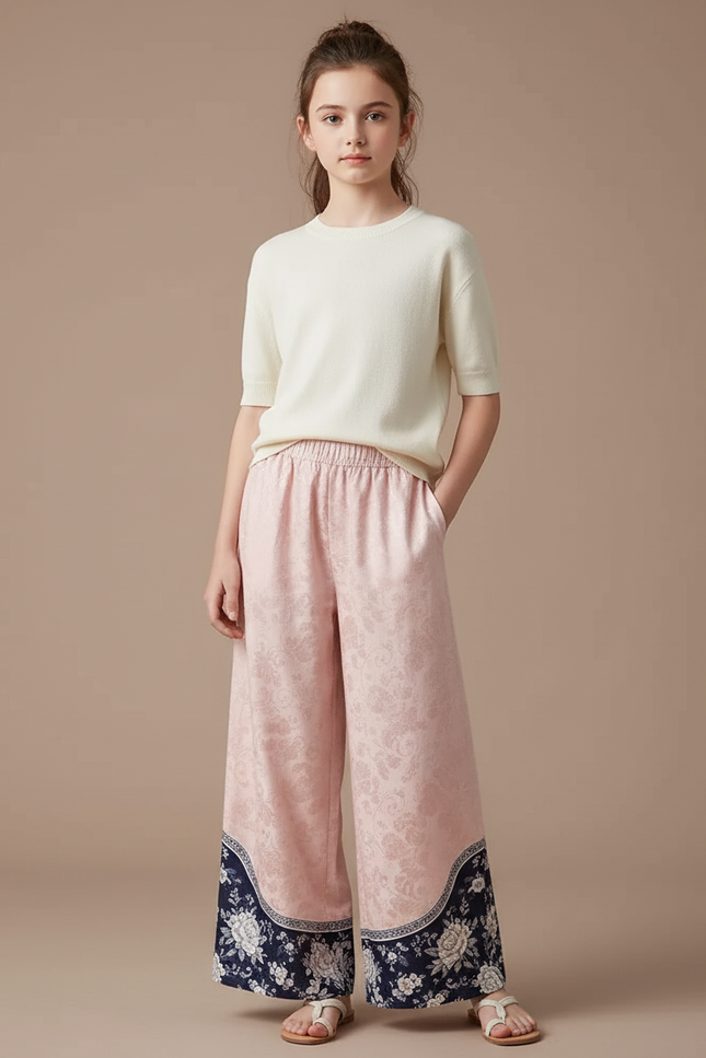 Pantalon Chinois Rose Ample Imprimé Floral Élégant - Satin