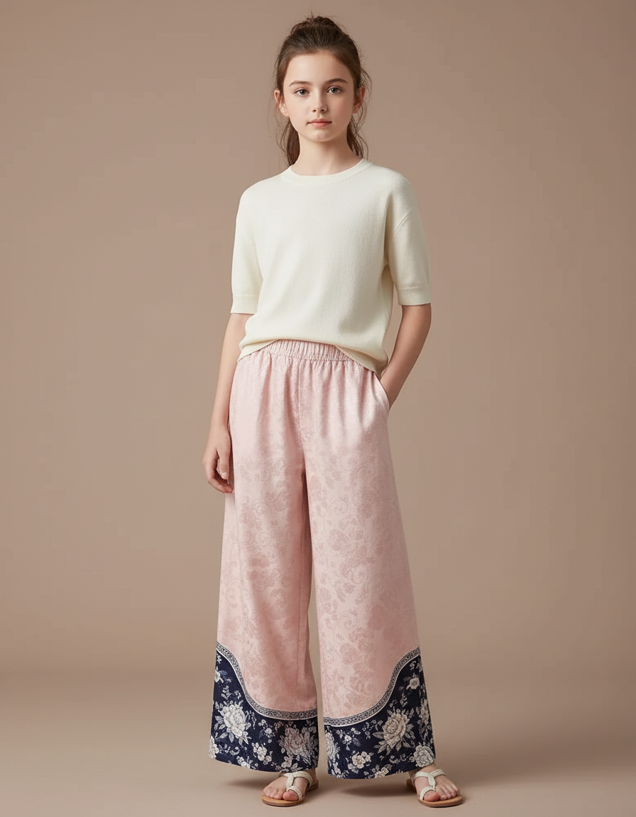 Pantalon Chinois Rose Ample Imprimé Floral Élégant - Satin