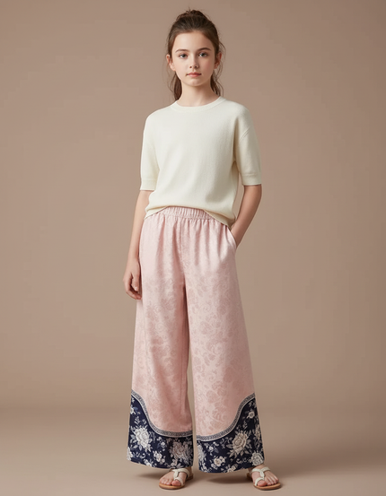 Pantalon Chinois Rose Ample Imprimé Floral Élégant - Satin