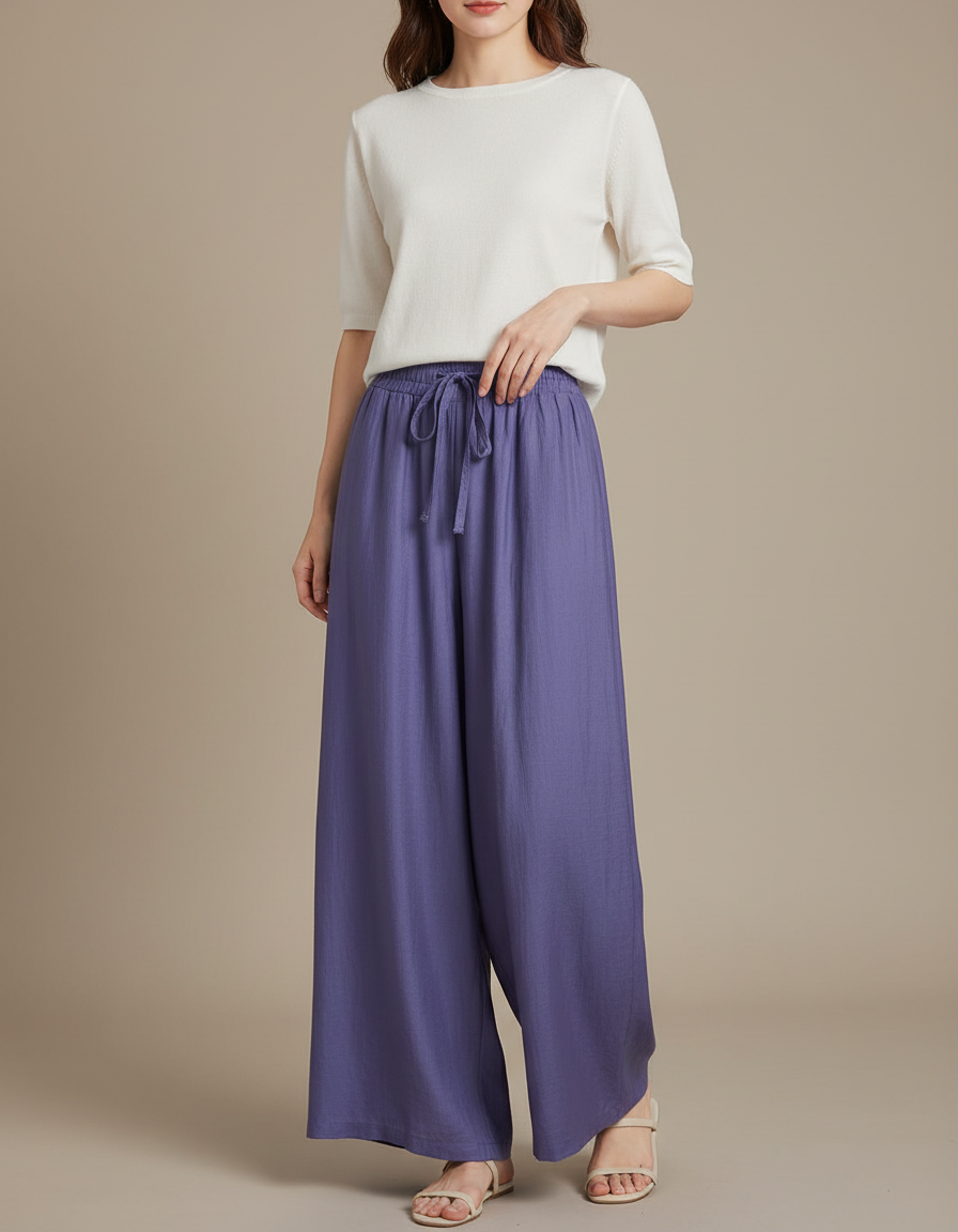 Pantalon Chinois Violet Ample Lin Fluide Femme