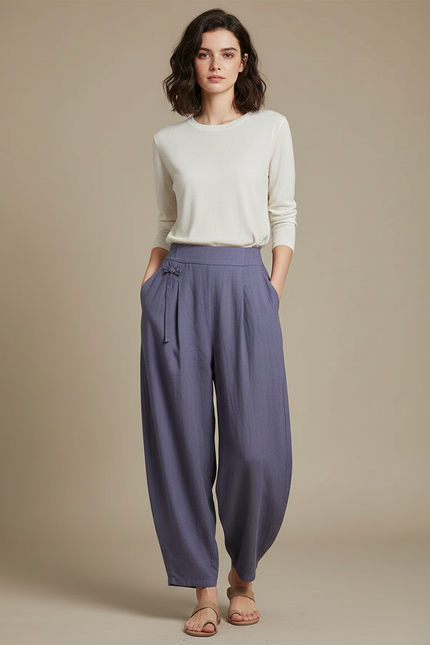 Pantalon Chinois Violet Ample Fluide Décontracté Femme - Lin