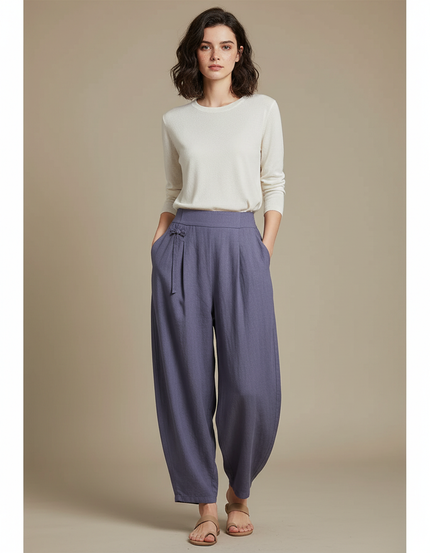 Pantalon Chinois Violet Ample Fluide Décontracté Femme - Lin
