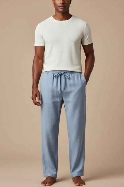 Pantalon Chinois Bleu Ciel Lin Ample Cordon Décontracté