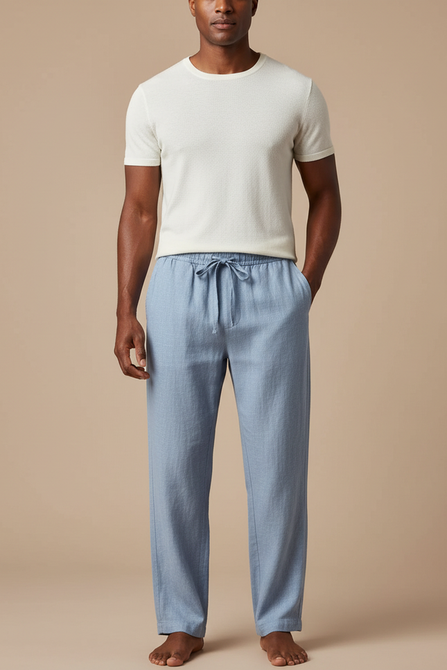 Pantalon Chinois Bleu Ciel Lin Ample Cordon Décontracté
