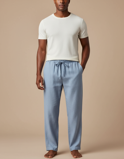 Pantalon Chinois Bleu Ciel Lin Ample Cordon Décontracté
