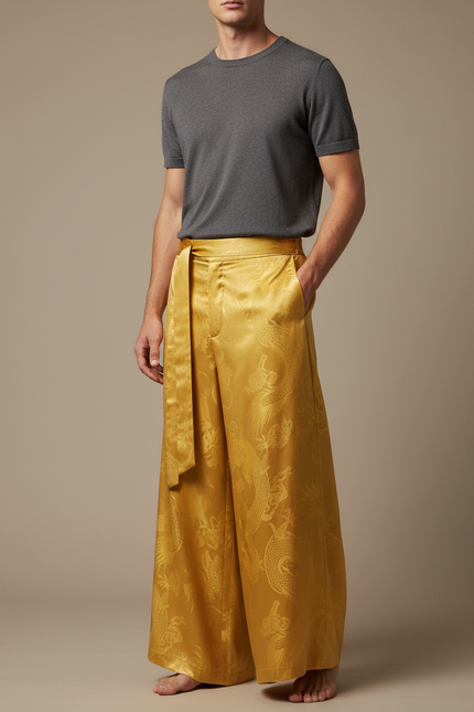 Pantalon Chinois Jaune Soie Jacquard Dragon Ample Homme - Doré