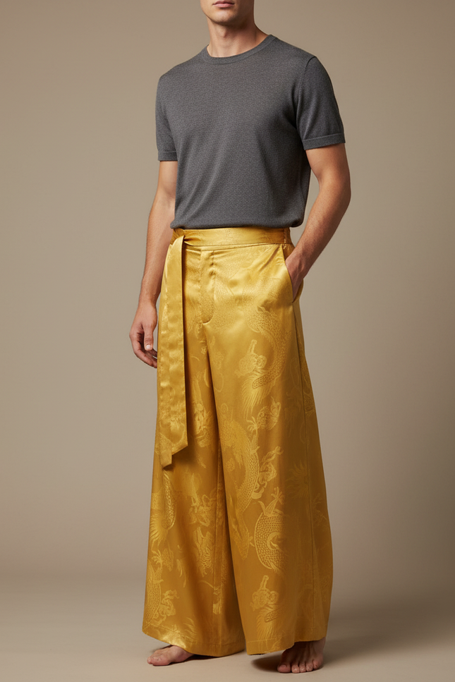 Pantalon Chinois Jaune Soie Jacquard Dragon Ample Homme - Doré