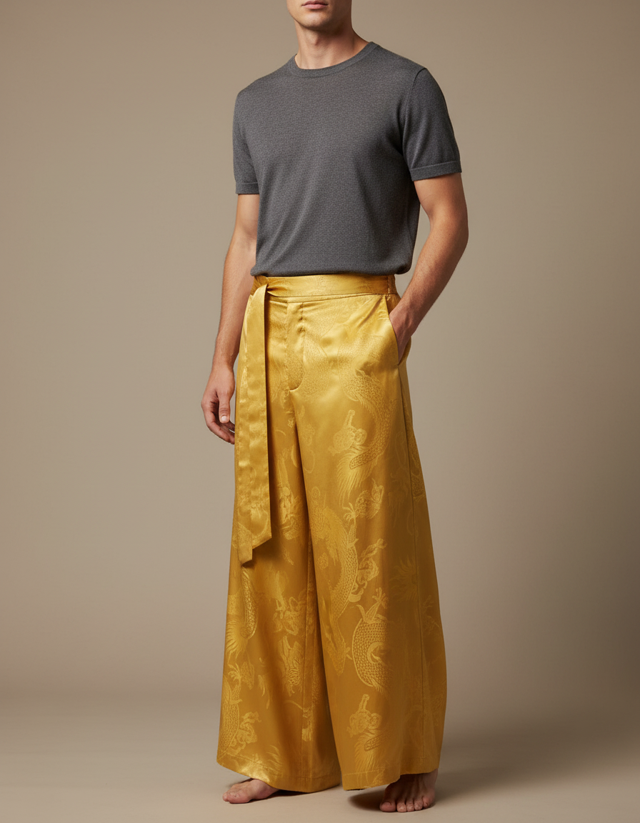 Pantalon Chinois Jaune Soie Jacquard Dragon Ample Homme - Doré