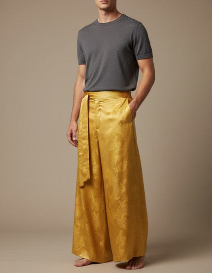 Pantalon Chinois Jaune Soie Jacquard Dragon Ample Homme - Doré