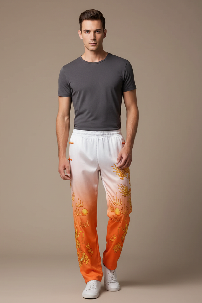 Pantalon Chinois Dégradé Orange Dragon Doré Satiné Homme