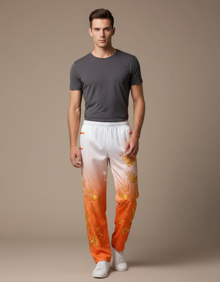Pantalon Chinois Dégradé Orange Dragon Doré Satiné Homme