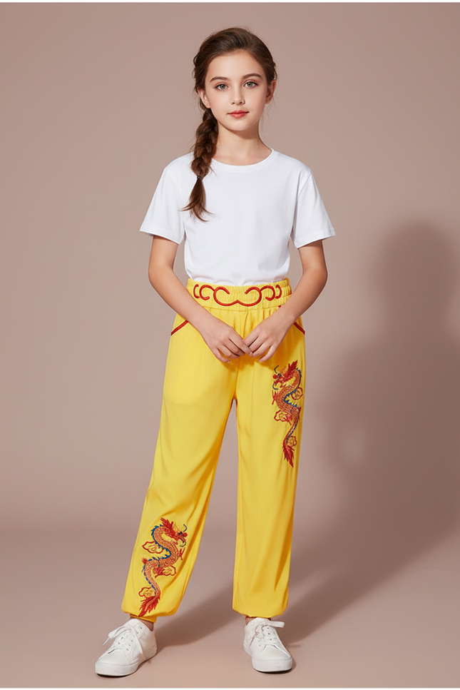 Pantalon Chinois Jaune Ample Brodé Dragon Enfant - Polyester