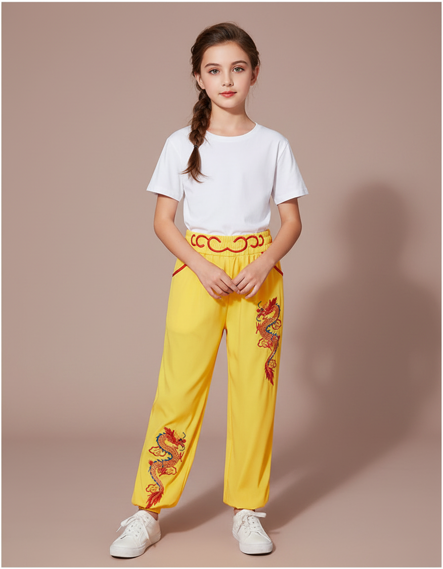 Pantalon Chinois Jaune Ample Brodé Dragon Enfant - Polyester