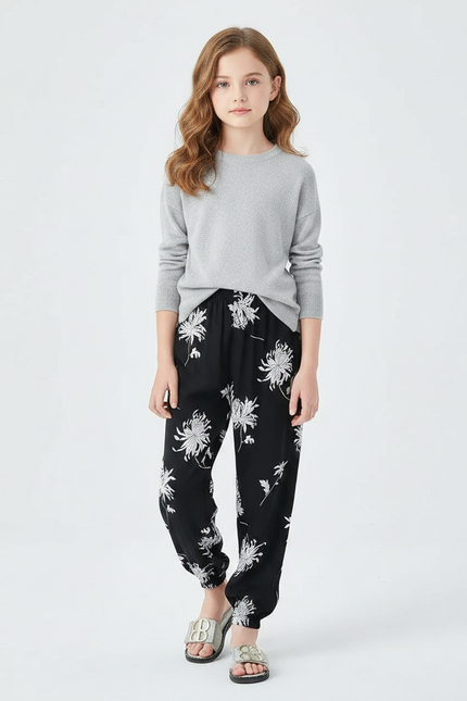 Pantalon Chinois Noir Imprimé Fleuri Ample Fluide Fille - Viscose