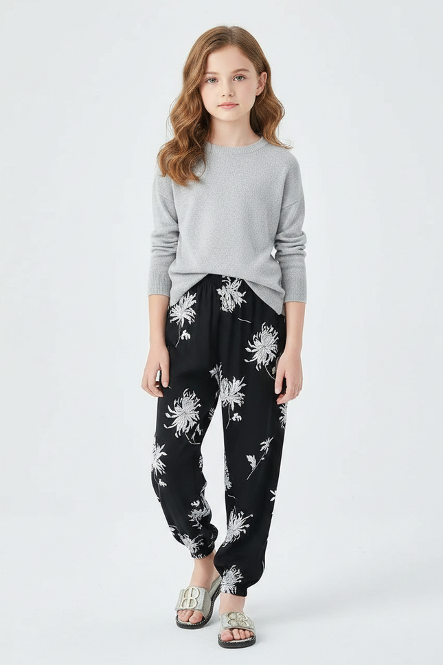 Pantalon Chinois Noir Imprimé Fleuri Ample Fluide Fille - Viscose