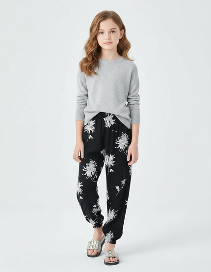 Pantalon Chinois Noir Imprimé Fleuri Ample Fluide Fille - Viscose
