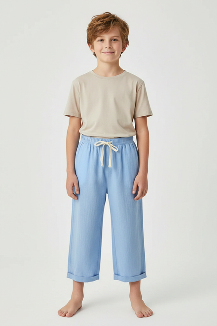 Pantalon Chinois Enfant Coton Bleu Ample Décontracté - Lin