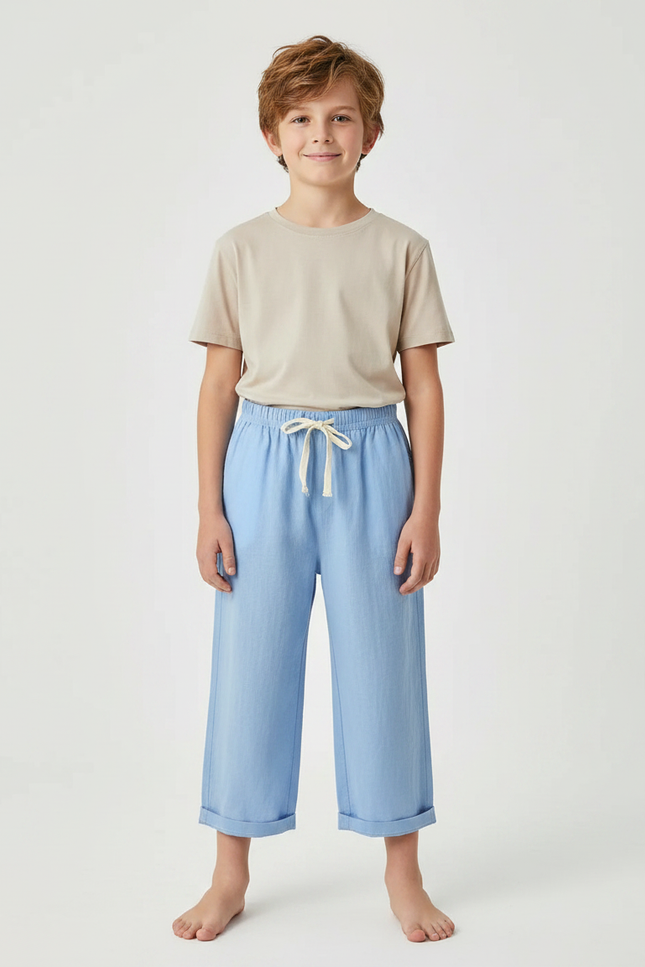 Pantalon Chinois Enfant Coton Bleu Ample Décontracté - Lin