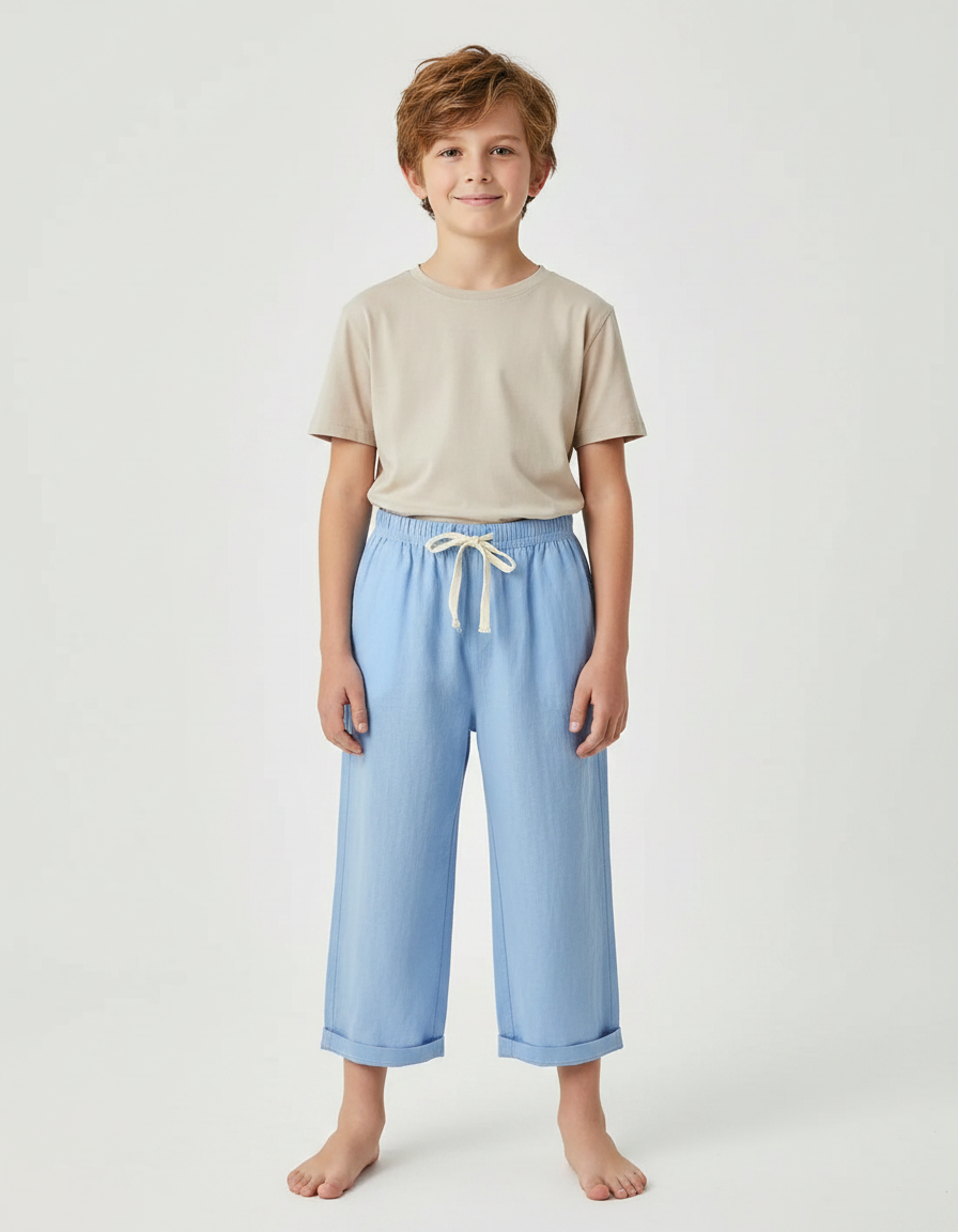 Pantalon Chinois Enfant Coton Bleu Ample Décontracté - Lin