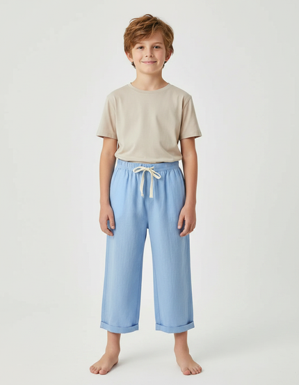 Pantalon Chinois Enfant Coton Bleu Ample Décontracté - Lin