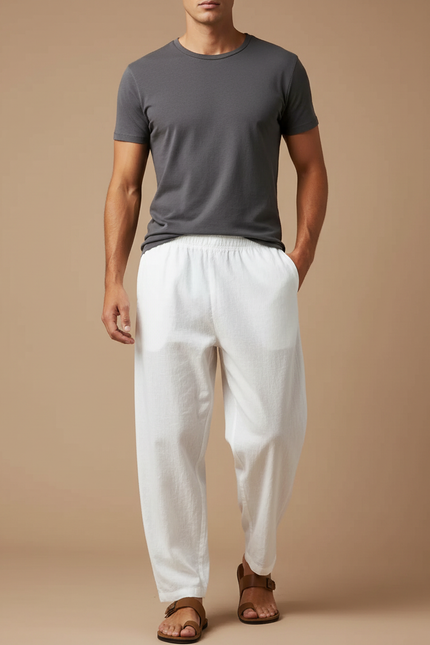 Pantalon Chinois Blanc Coton Lin Ample Décontracté Léger