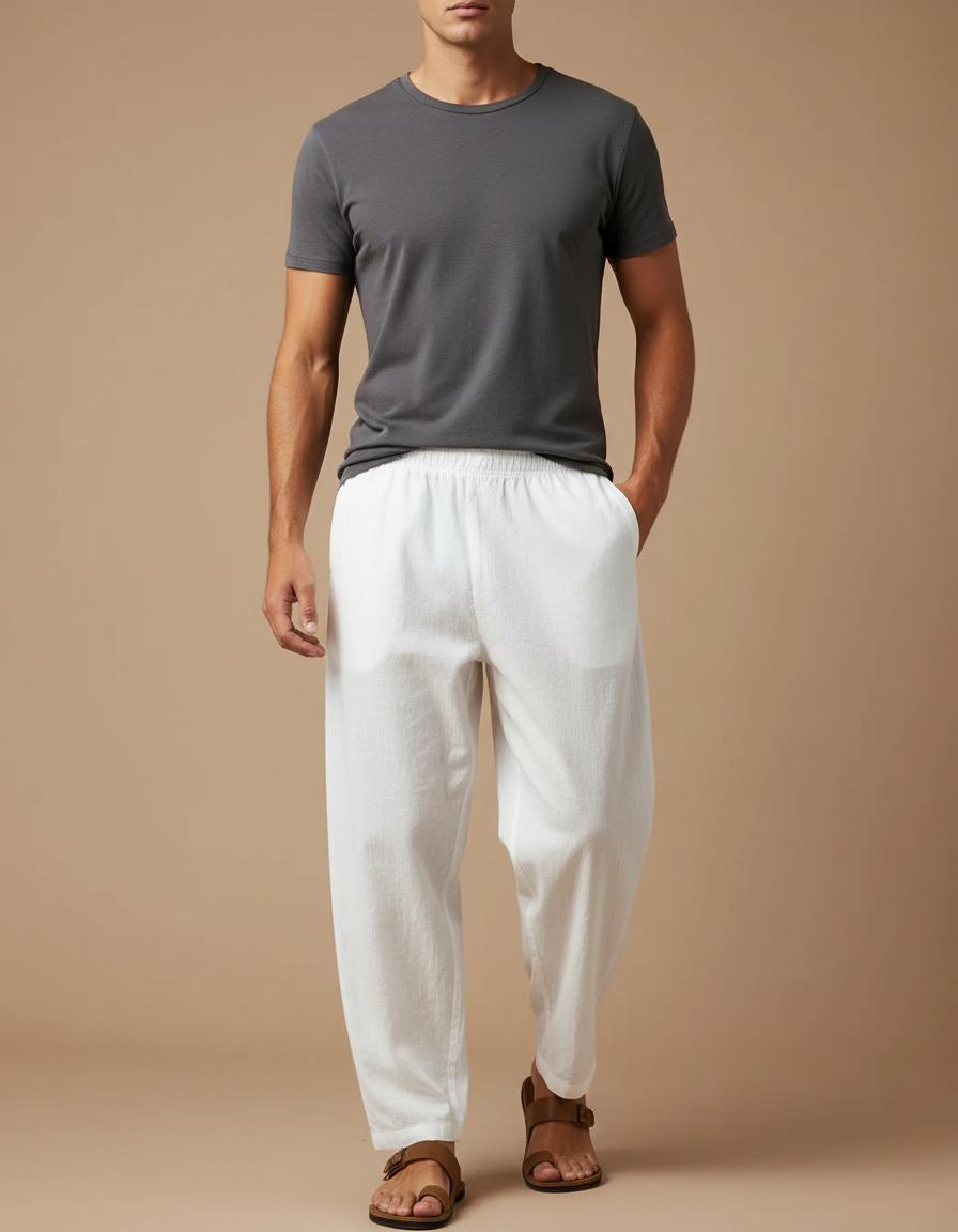 Pantalon Chinois Blanc Coton Lin Ample Décontracté Léger