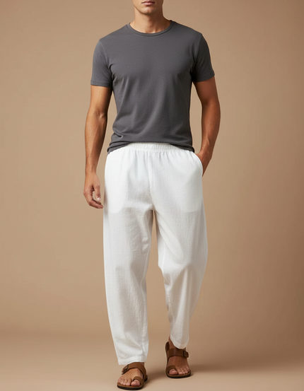 Pantalon Chinois Blanc Coton Lin Ample Décontracté Léger