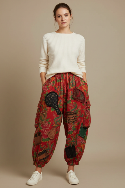Pantalon Chinois Rouge Fleuri Ample Patchwork Coton