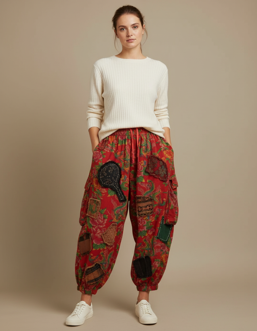 Pantalon Chinois Rouge Fleuri Ample Patchwork Coton
