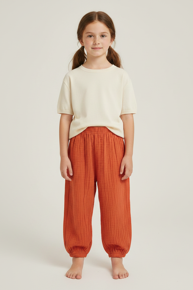 Pantalon Chinois Orange Coton Sarouel Texturé Enfant