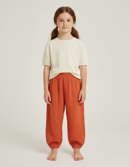 Pantalon Chinois Orange Coton Sarouel Texturé Enfant