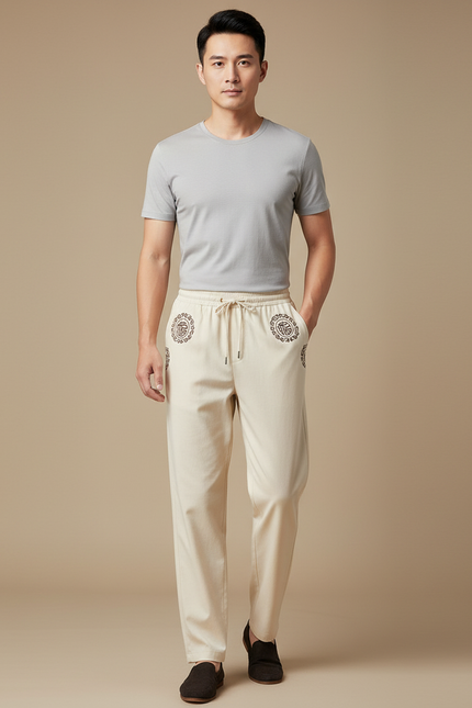 Pantalon Chinois Beige Motif Brodé Coton Ample Homme