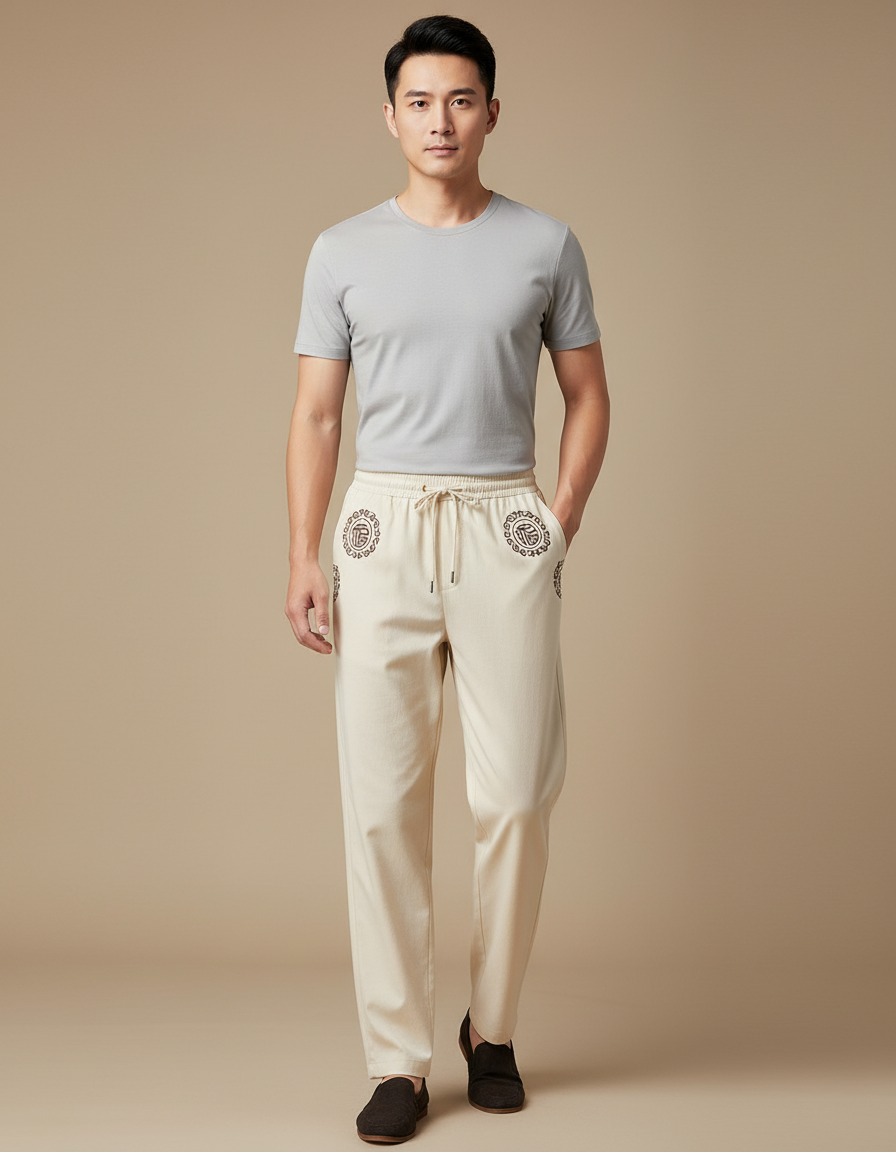 Pantalon Chinois Beige Motif Brodé Coton Ample Homme