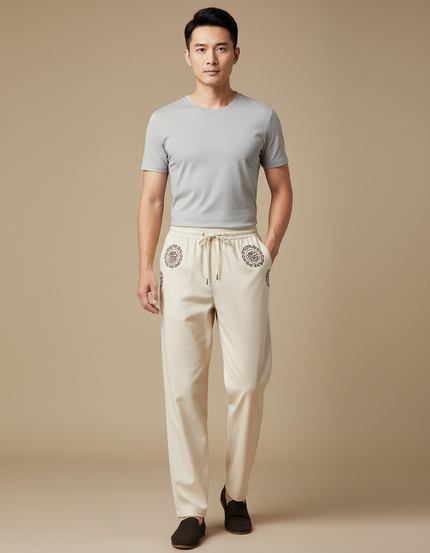 Pantalon Chinois Beige Motif Brodé Coton Ample Homme