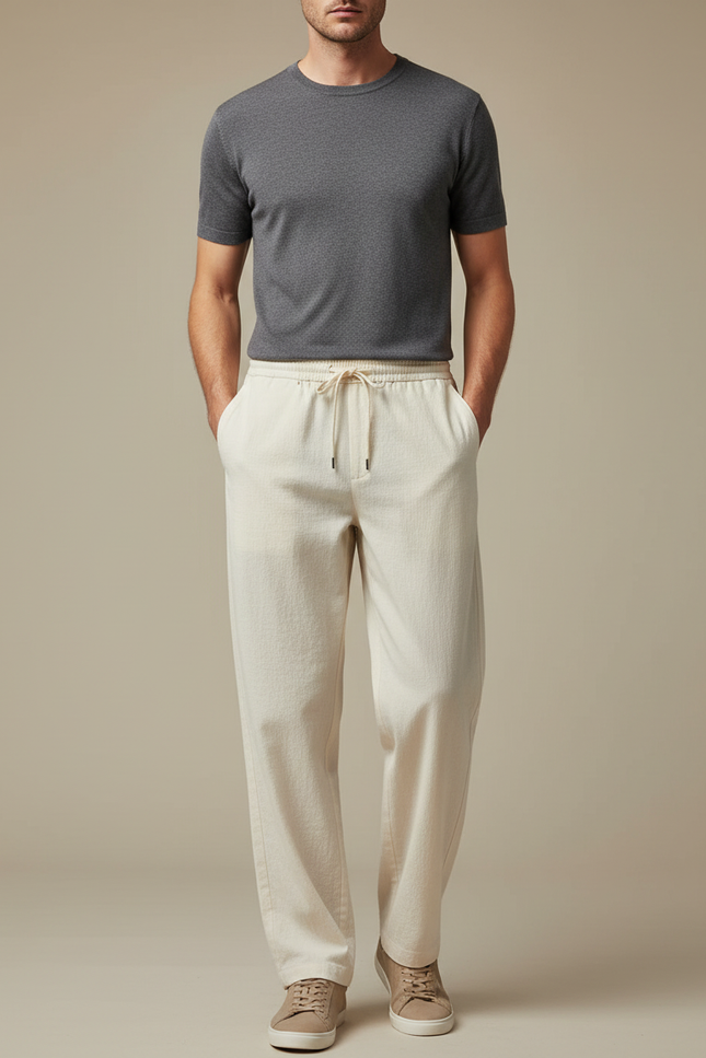 Pantalon Chinois Crème Coton Ample Cordon Homme - Beige