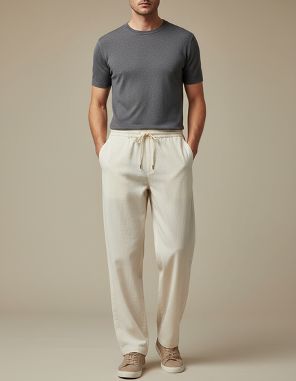 Pantalon Chinois Crème Coton Ample Cordon Homme - Beige