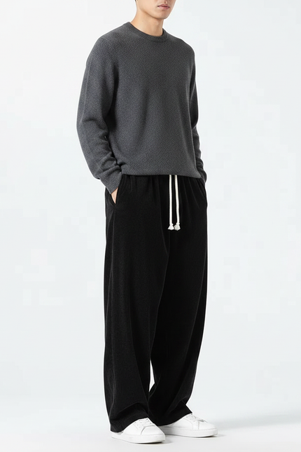 Pantalon Chinois Noir Ample Velours Côtelé Décontracté - Cordé
