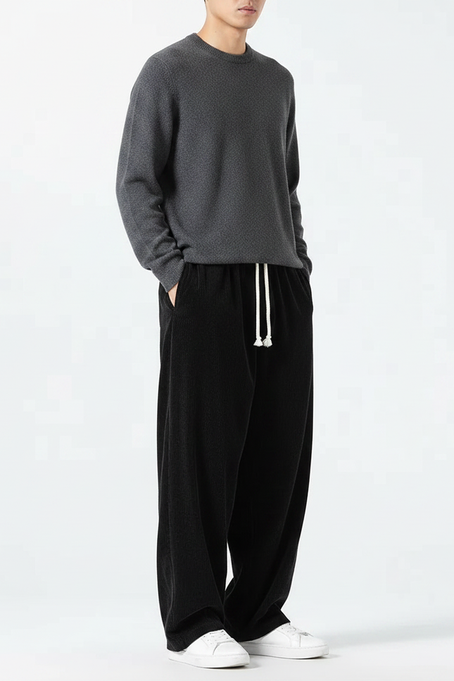 Pantalon Chinois Noir Ample Velours Côtelé Décontracté - Cordé