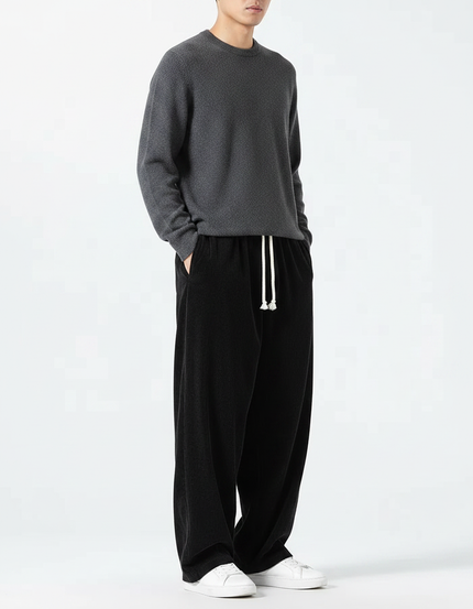 Pantalon Chinois Noir Ample Velours Côtelé Décontracté - Cordé