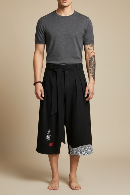 Pantalon Chinois Noir Ample Coton Motif Vagues