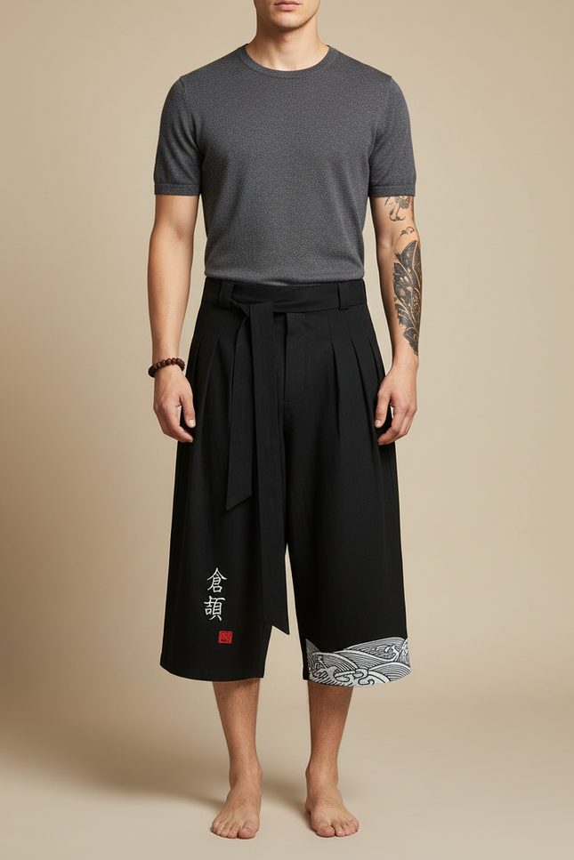 Pantalon Chinois Noir Ample Coton Motif Vagues