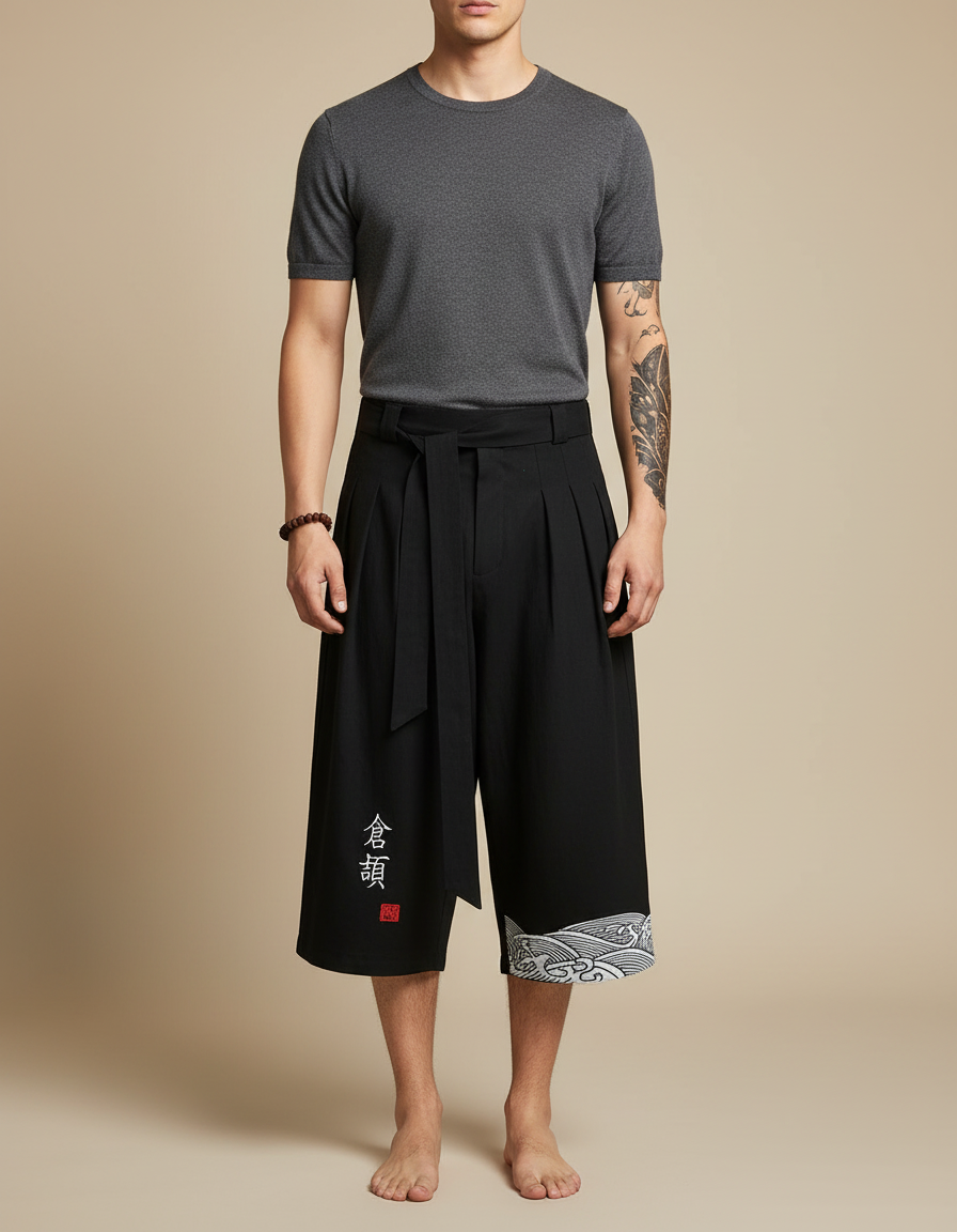Pantalon Chinois Noir Ample Coton Motif Vagues