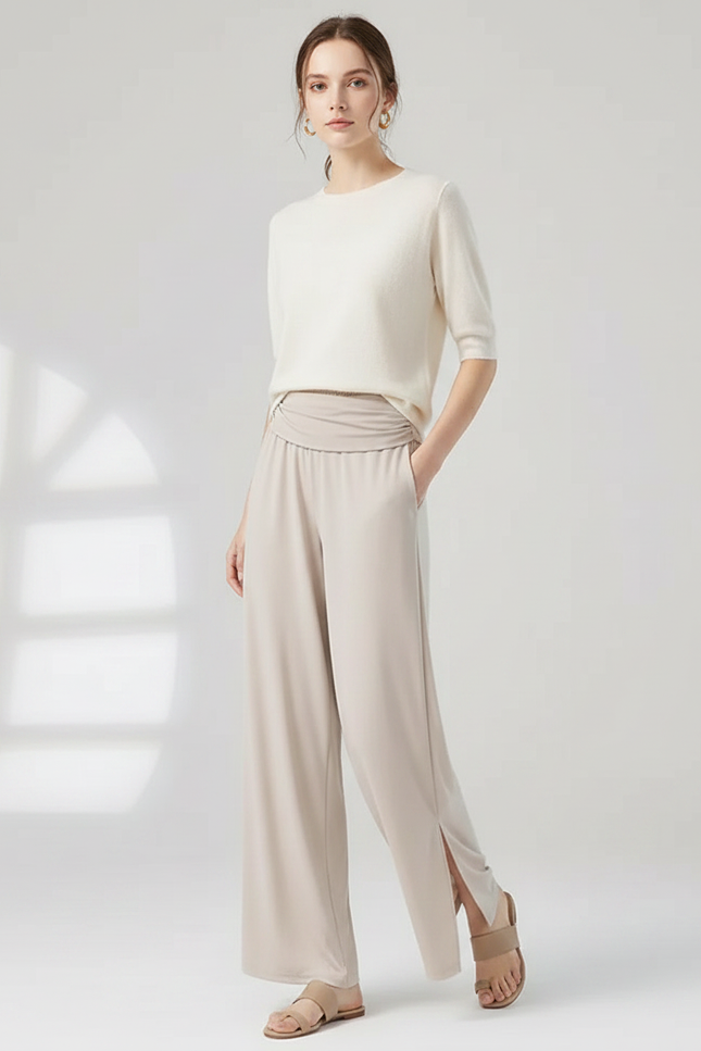 Pantalon Chinois Beige Fluide Ample Fendu Femme - Viscose