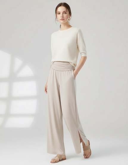 Pantalon Chinois Beige Fluide Ample Fendu Femme - Viscose