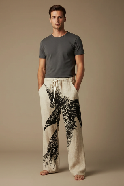 Pantalon Chinois Beige Dragon Ample Lin Cordon Homme