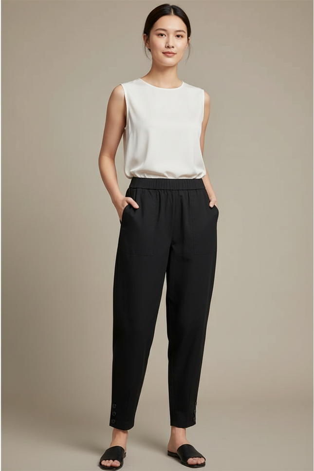 Pantalon Chinois Noir Ample Élastique Décontracté Boutons - Viscose