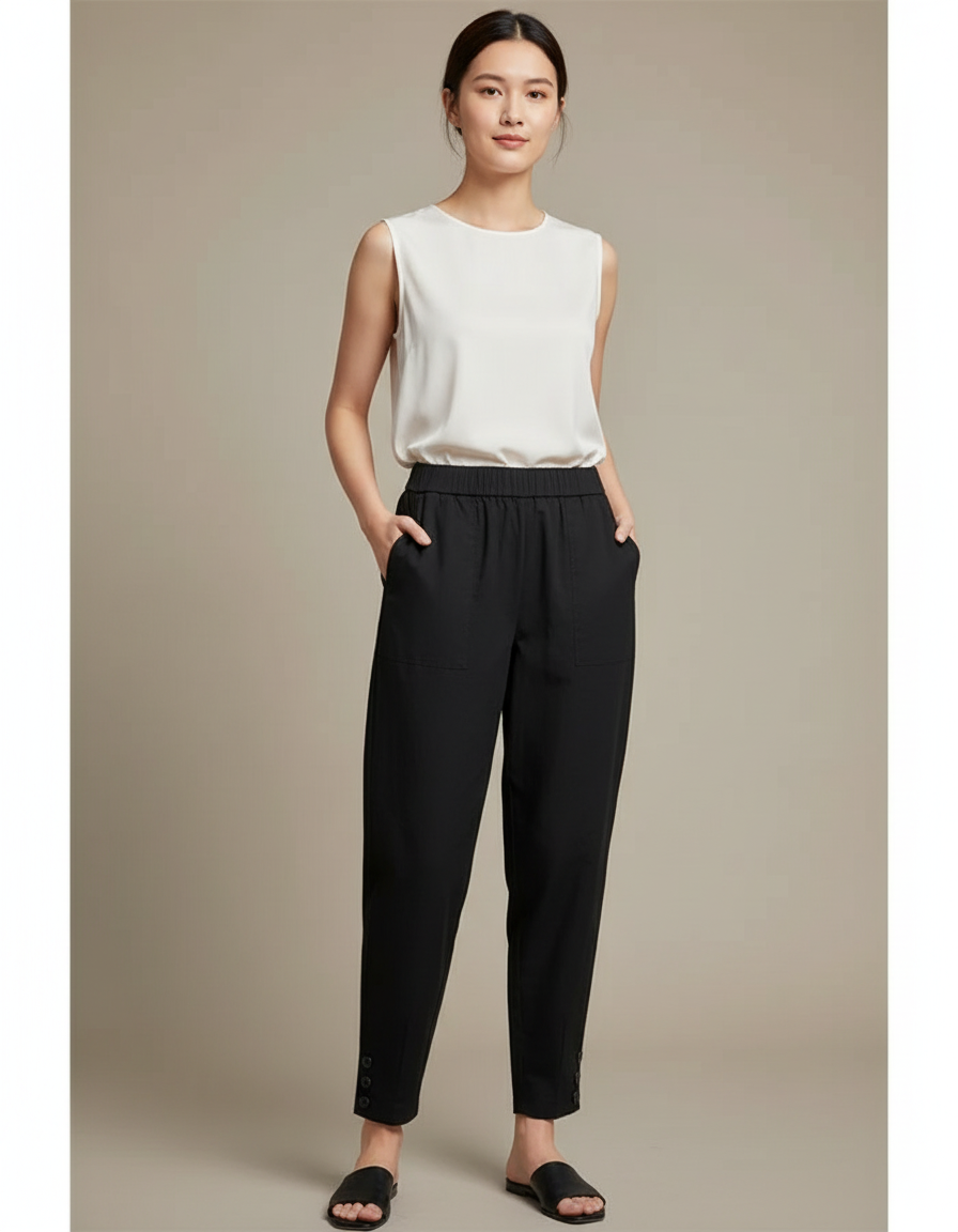 Pantalon Chinois Noir Ample Élastique Décontracté Boutons - Viscose