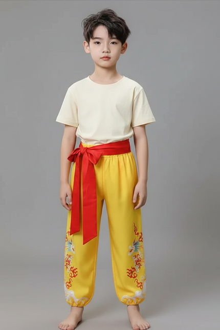 Pantalon Chinois Jaune Brodé Dragon Ample Enfant - Satin