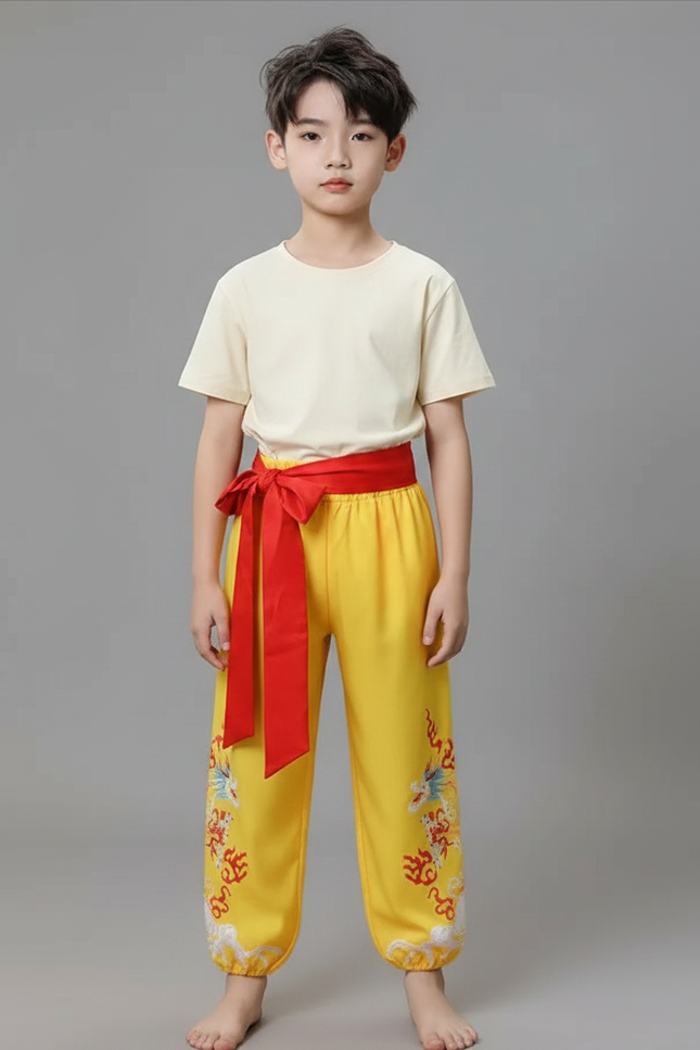 Pantalon Chinois Jaune Brodé Dragon Ample Enfant - Satin